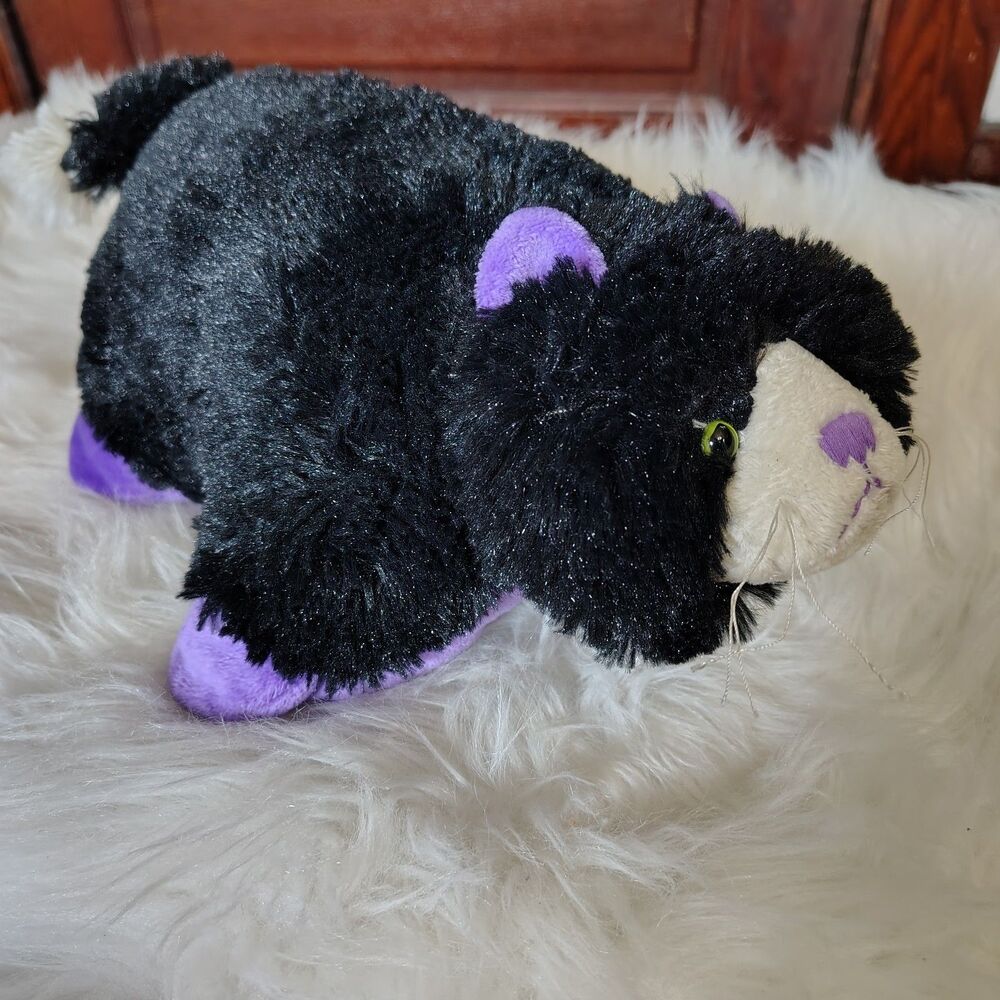 Pillow Pets Pee-Wee Cat Plush 12” Black Purple White 2010 Small Washable EUC